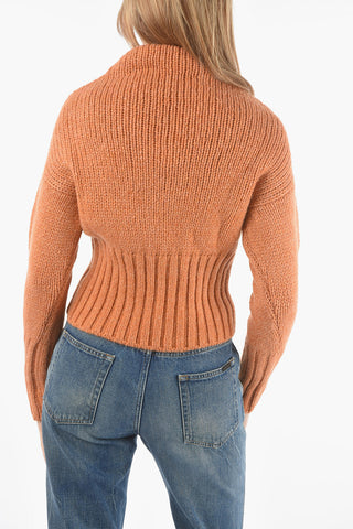 Braided-knit Camel Wool Sweater with Perkins Neck and Ribbed Hems