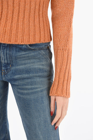 Braided-knit Camel Wool Sweater with Perkins Neck and Ribbed Hems