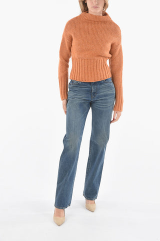 Braided-knit Camel Wool Sweater with Perkins Neck and Ribbed Hems