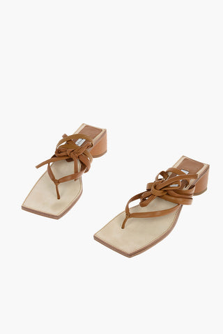 5,5cm Nappa Laces-Up LESLIE Thong Sandals With Square Toe