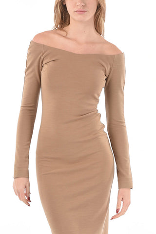 Wool Jersey Bodycon Midi Dress with Boat Neckline