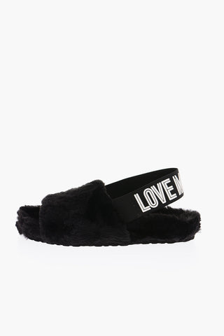 LOVE logoed elastic band faux fur sandals