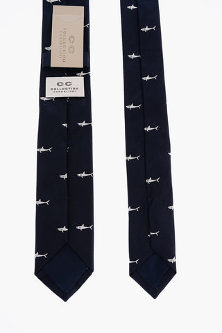CC COLLECTION  Silk Kipper Tie with Embroidered Shark All Over