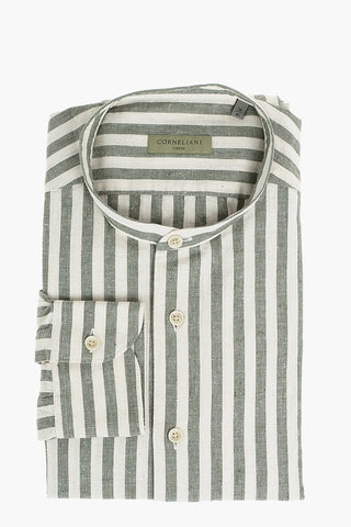 CIRCLE Mandarin Collar Awning Stripe Cotton Shirt
