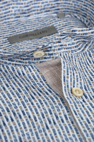 Camicia in Lino con Motivo Astratto e Collo Coreano