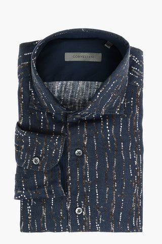 Camicia in Lino con Motivo Astratto e Collo Francese
