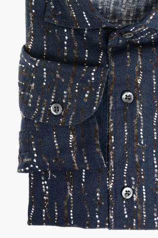 Camicia in Lino con Motivo Astratto e Collo Francese