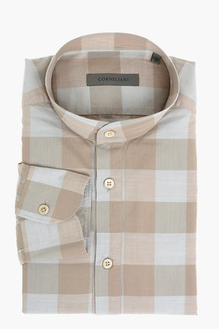 Mandarin Collar Plaid Check Patterned Cotton Shirt