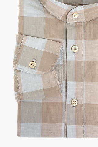 Mandarin Collar Plaid Check Patterned Cotton Shirt