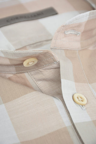 Mandarin Collar Plaid Check Patterned Cotton Shirt