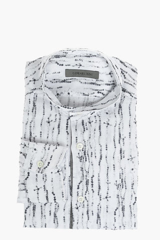 Camicia in Lino con Motivo Astratto e Collo Coreano