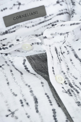 Camicia in Lino con Motivo Astratto e Collo Coreano