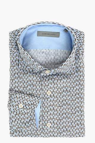 Camicia in Lino con Motivo Astratto e Collo Francese