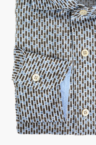 Camicia in Lino con Motivo Astratto e Collo Francese