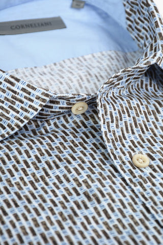 Camicia in Lino con Motivo Astratto e Collo Francese