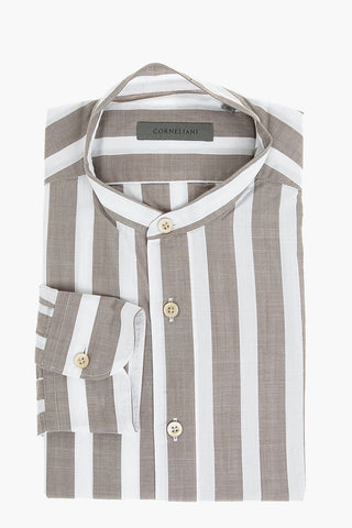 Mandarin Collar Awning Stripe Cotton Shirt