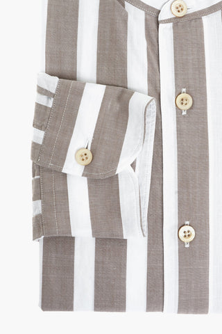 Mandarin Collar Awning Stripe Cotton Shirt