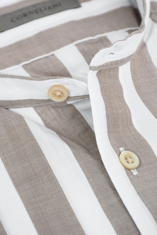 Mandarin Collar Awning Stripe Cotton Shirt