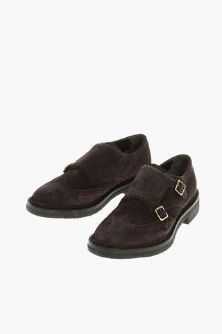 Suede Leather Monk Strap Shoes With Brogues Details