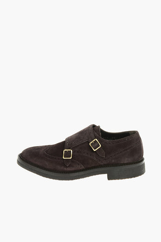 Suede Leather Monk Strap Shoes With Brogues Details