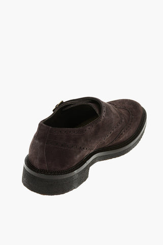 Suede Leather Monk Strap Shoes With Brogues Details