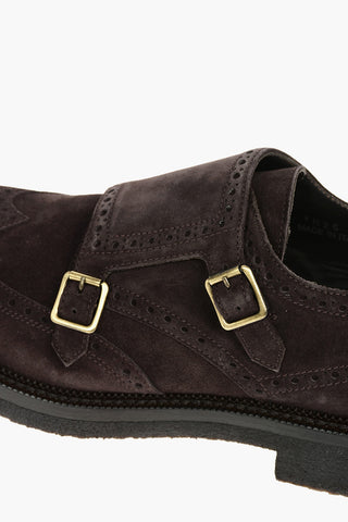 Suede Leather Monk Strap Shoes With Brogues Details