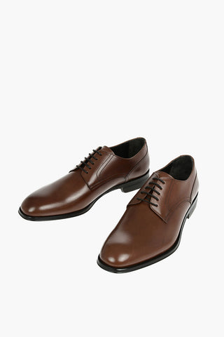 Scarpe Derby Stringate in Pelle con Suola in Cuoio