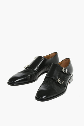 Embossed Detail Leather Monk Strap Shoes