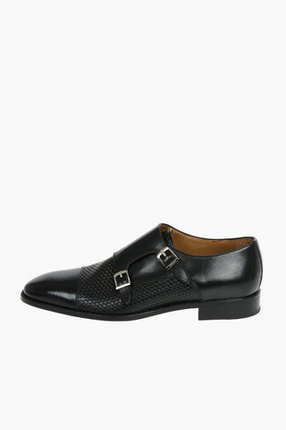 Embossed Detail Leather Monk Strap Shoes