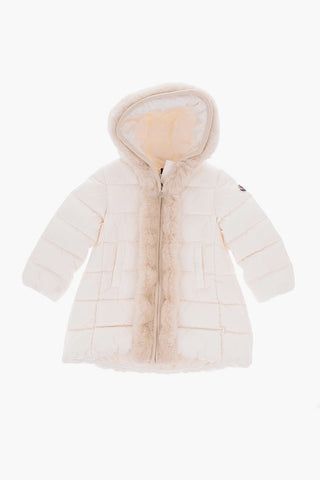 Solid Color Down Jacket with Hood and Faux Fur Trimmings