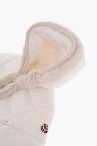 Solid Color Down Jacket with Hood and Faux Fur Trimmings