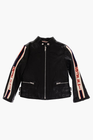 Contrasting Logoed Band Leather Jacket