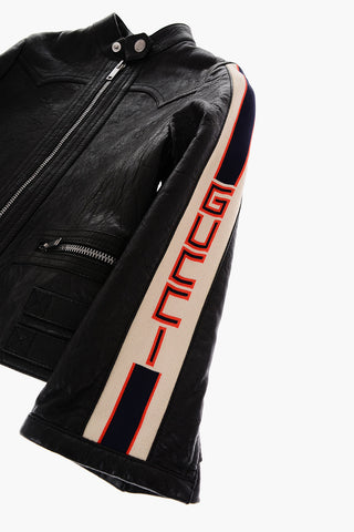 Contrasting Logoed Band Leather Jacket