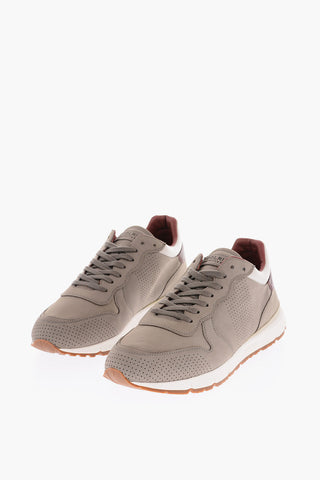 Perforated Details Leather JOGGER Low-Top Sneakers with Golden Logo