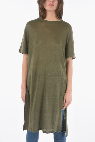 Linen Oversized SLUB Crew-Neck T-shirt with Side Split-Hem