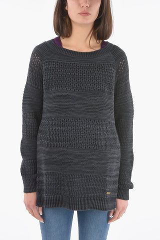 Perforated Crew-Neck Sweater with Side Split-Hem