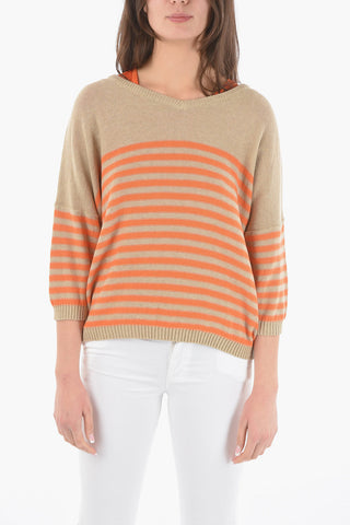 Two-Tone Awining Striped V-Neck Sweater