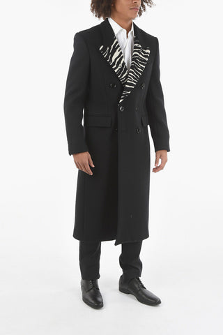Wool-blend Double-breasted Coat with Peak Lapel in Zebra Motif