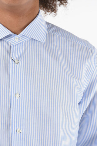 Camicia in Poplin di Cotone a Righe Awning con Collo Francese