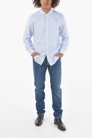 Camicia in Poplin di Cotone a Righe Awning con Collo Francese