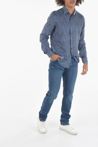Camicia in Lino a Righe Unbalanced con Collo Italiano