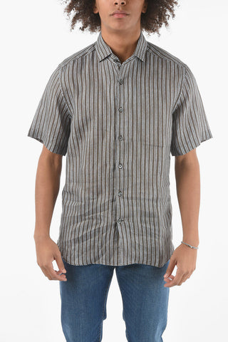 Camicia a Maniche Corte in Lino a Righe Unbalanced con Collo Italiano