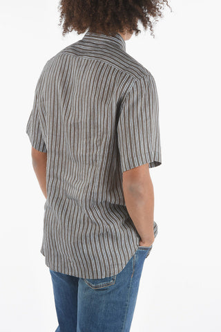 Camicia a Maniche Corte in Lino a Righe Unbalanced con Collo Italiano