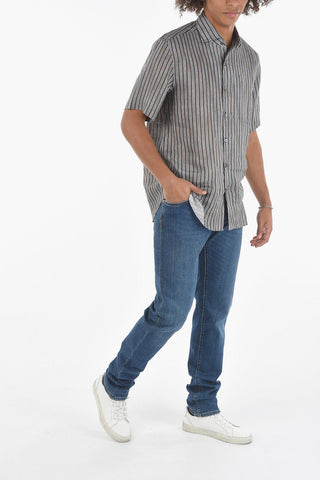 Camicia a Maniche Corte in Lino a Righe Unbalanced con Collo Italiano