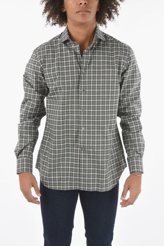 Camicia in Poplin di Cotone a Quadri Plaid con Collo Italiano