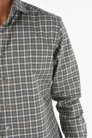 Camicia in Poplin di Cotone a Quadri Plaid con Collo Italiano