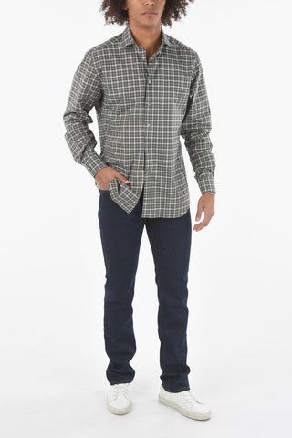 Camicia in Poplin di Cotone a Quadri Plaid con Collo Italiano