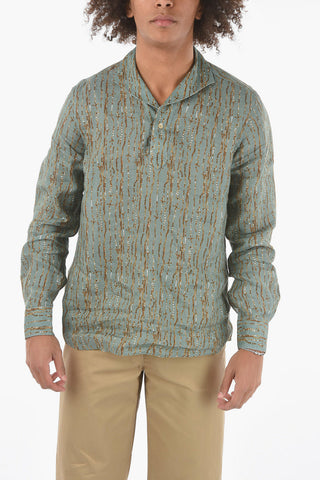 Camicia in Lino con Motivo Astratto e Collo Camp