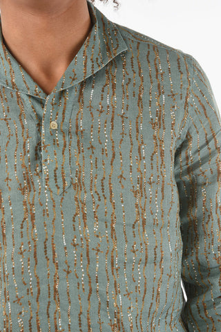Camicia in Lino con Motivo Astratto e Collo Camp