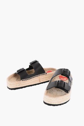 LOVE 5cm Leather Sandals with Double Buckle and Raffia Sole